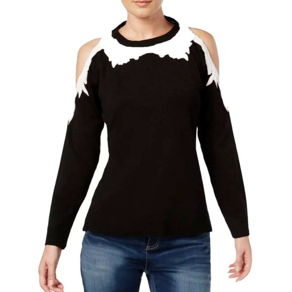 INC International Concepts Sweaters - INC Cold Shoulder Lace Trim Pullover Sweater Black